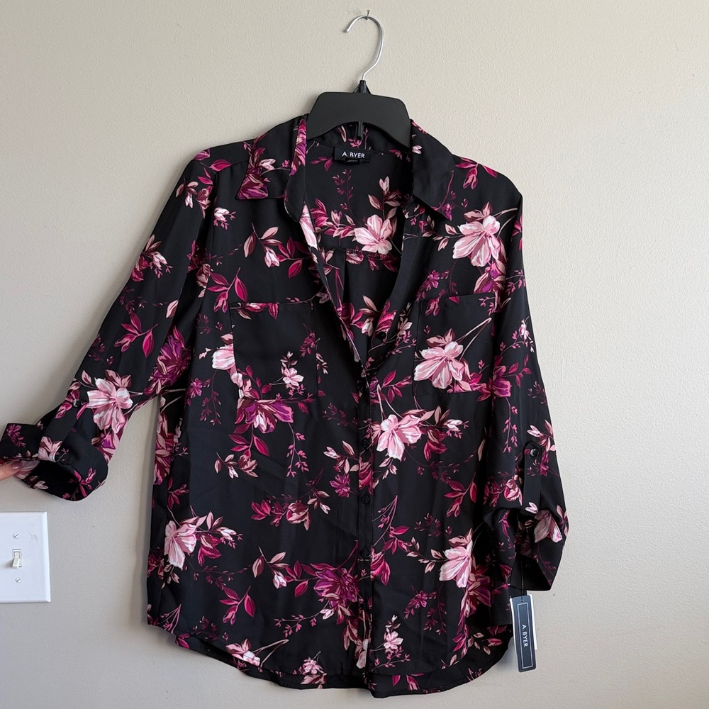 A. Byer Women's Black and Pink Floral Button Down Shirt
